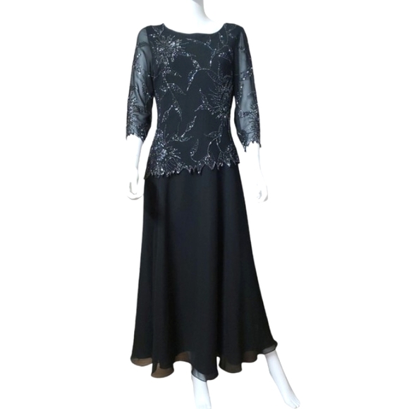NWT J Kara Beautiful Embroidered Chiffon With Beads Evening,Party Long Dress 8P - Picture 3 of 17